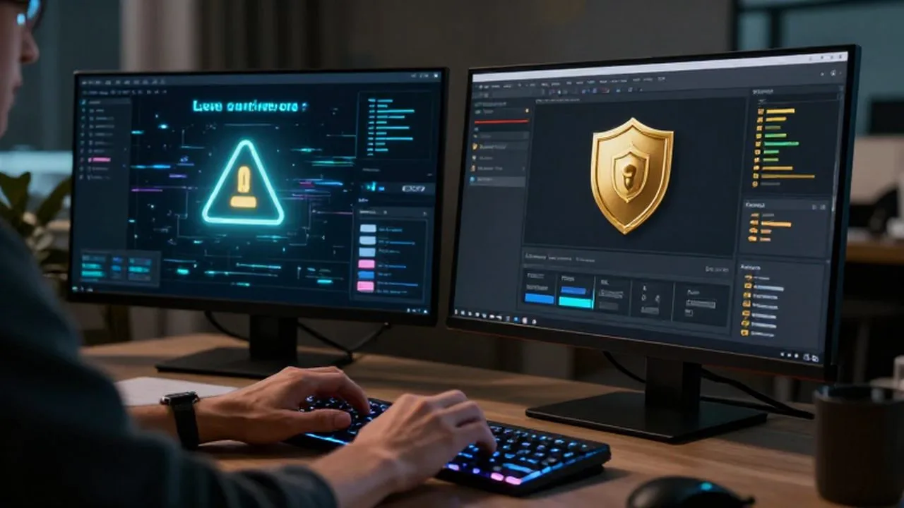 Manos tecleando en un ordenador mostrando el contraste entre una interfaz de software caótica y un panel de control organizado.
