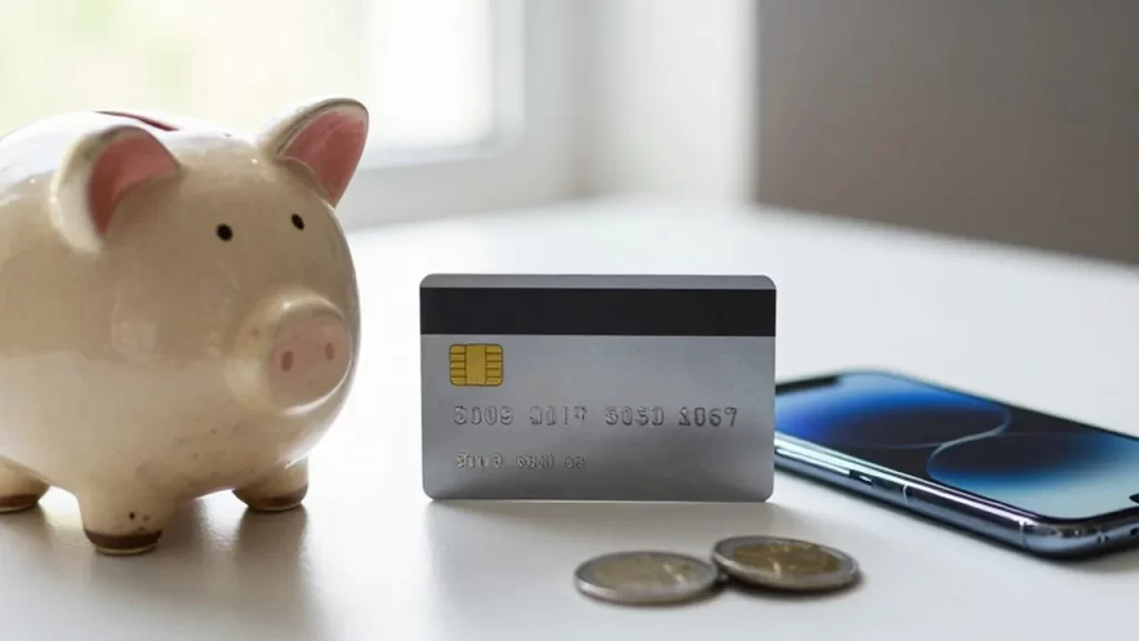 Comparación entre una hucha de cerámica desgastada y una tarjeta de crédito junto a un smartphone.