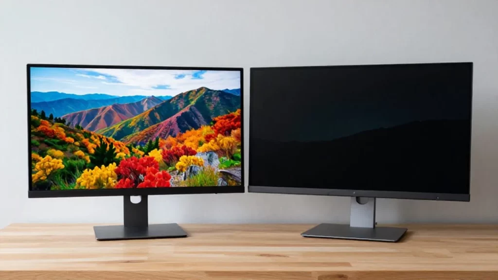 Dos monitores modernos sobre un escritorio de madera comparando colores vibrantes y negros profundos.