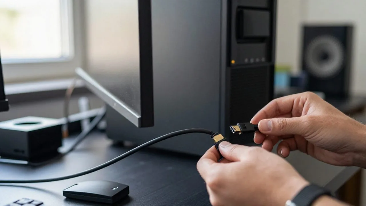 Manos revisando un cable HDMI que conecta un monitor con un ordenador de escritorio.