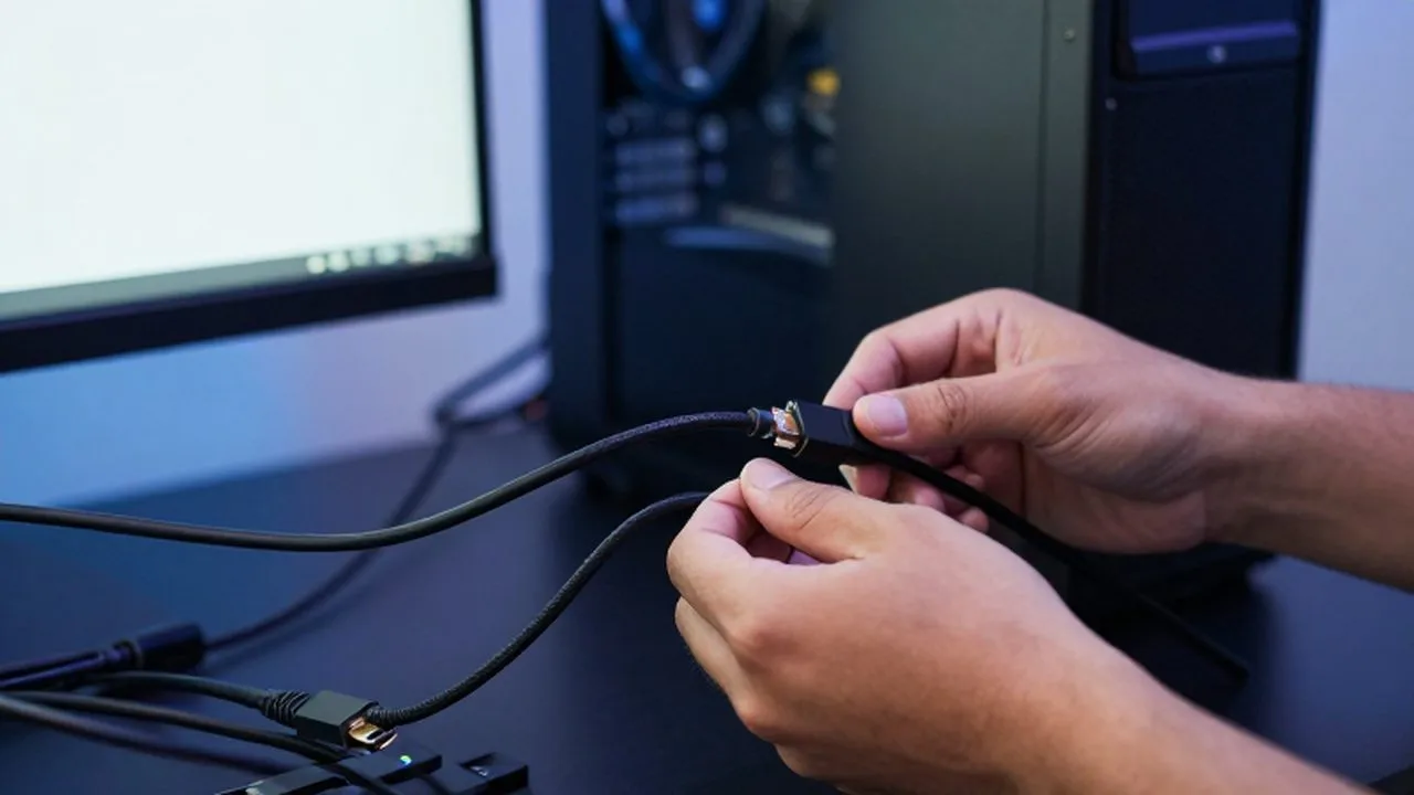 Manos revisando los cables de conexión detrás de un monitor sobre un escritorio oscuro.