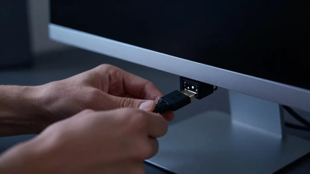Manos conectando un cable HDMI en la parte trasera de un monitor en un escritorio oscuro.