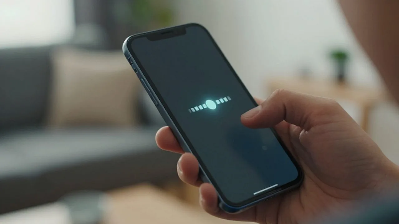 Persona sosteniendo un smartphone con la pantalla congelada y un icono de carga.