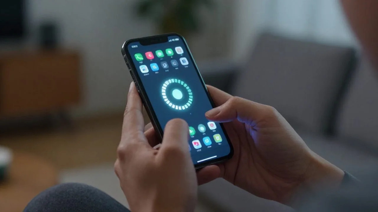 Manos sosteniendo un smartphone con un icono de carga girando sobre una pantalla llena de notificaciones.