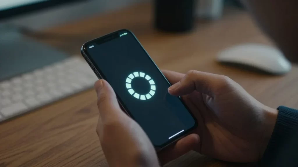 Manos sosteniendo un smartphone con un icono de carga en la pantalla sobre un escritorio.