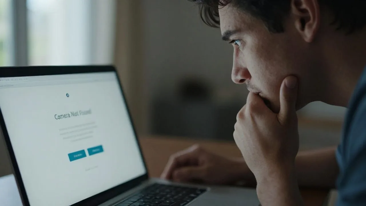 Persona frustrada frente a una laptop que muestra un error de cámara no encontrada.