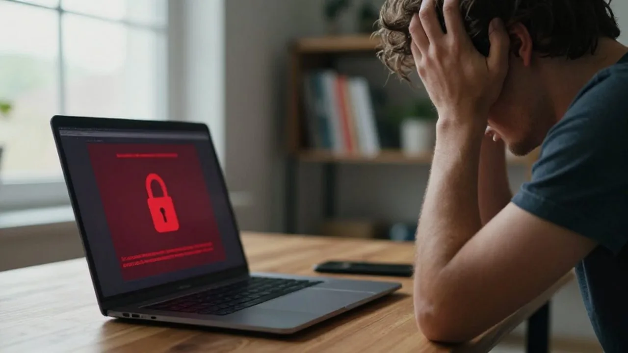 Persona frustrada frente a una laptop que muestra un mensaje de error y un candado.