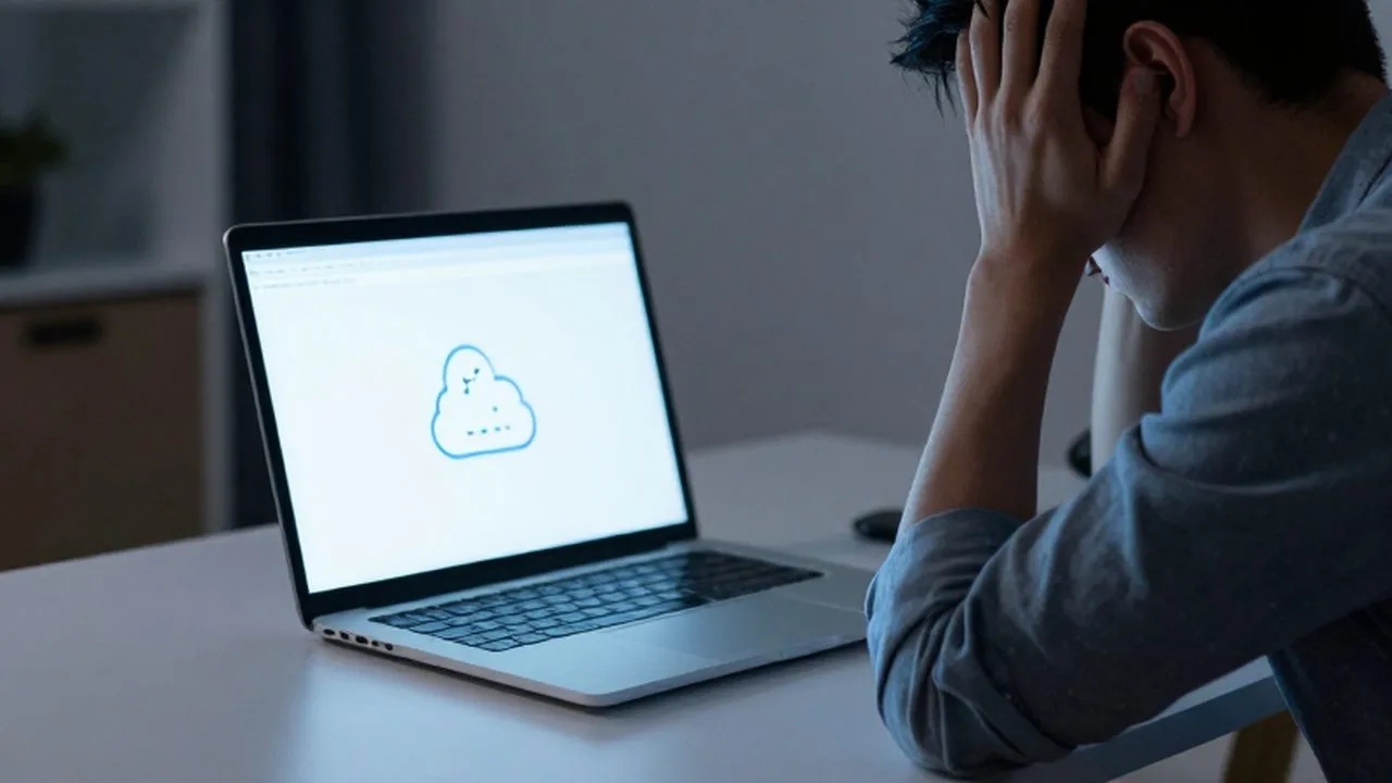Persona frustrada frente a una computadora en una oficina oscura con un mensaje de error.