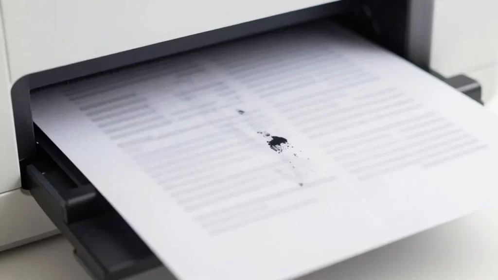 Primer plano de una hoja de papel con tinta negra fresca saliendo de una impresora.