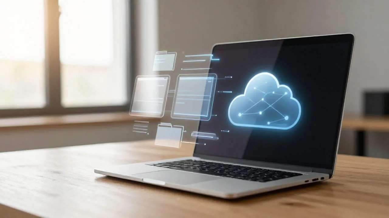 Laptop sobre un escritorio de madera con iconos holográficos de archivos sincronizándose con la nube.