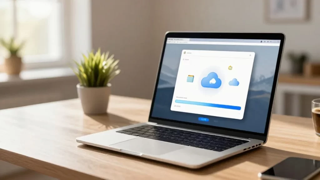 Laptop sobre un escritorio moderno mostrando una barra de progreso de sincronización de archivos en la nube.