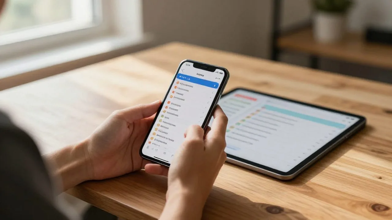 Persona organizando sus tareas diarias con un smartphone y una tablet en un escritorio de madera.