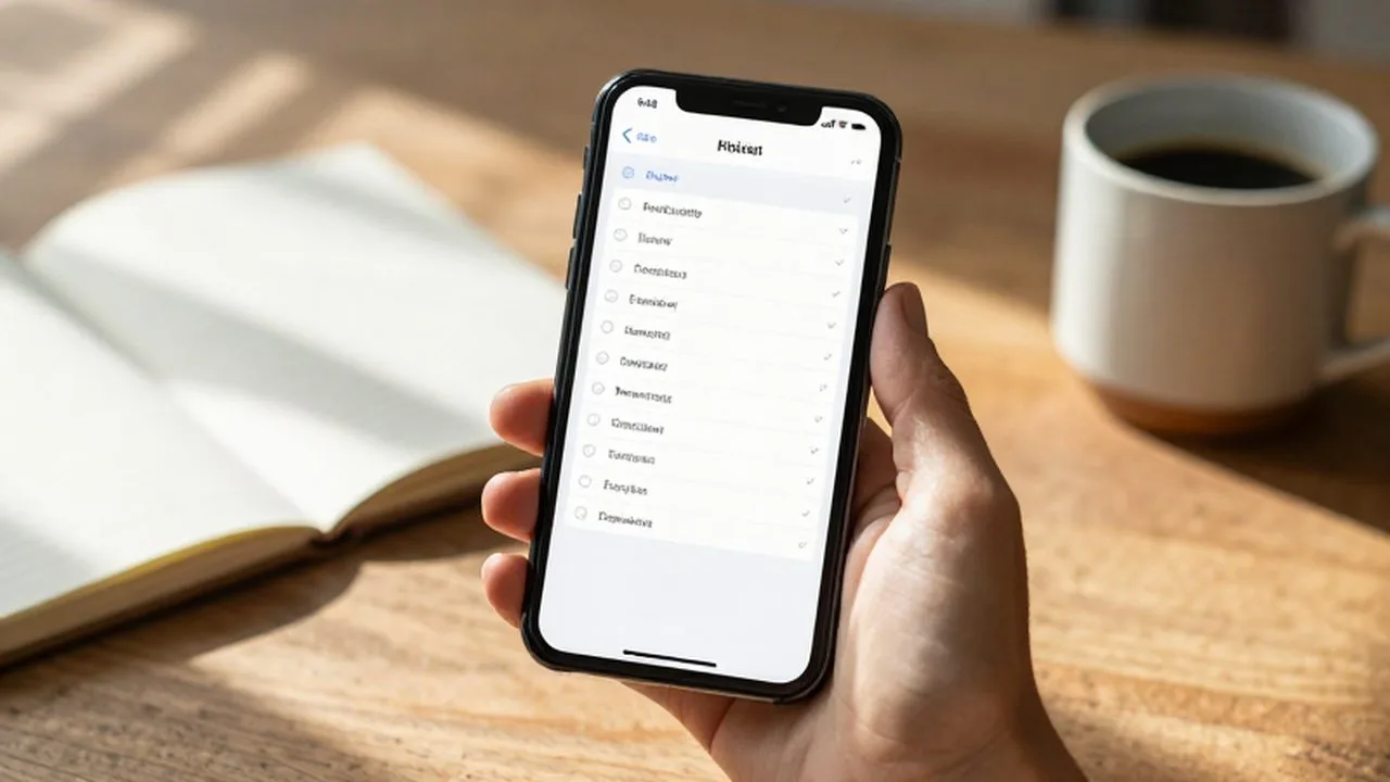 Mano sosteniendo un smartphone con una aplicación de lista de tareas sobre un escritorio de madera.