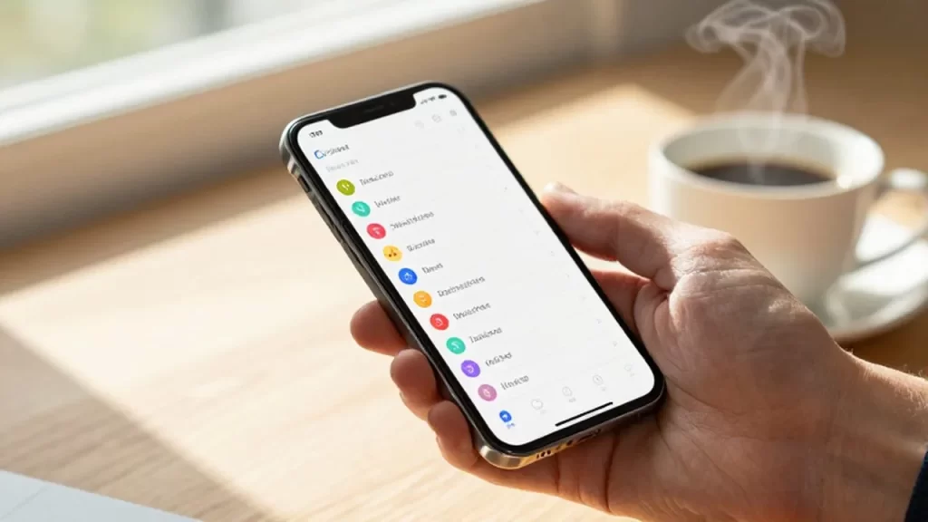 Persona sosteniendo un smartphone con una aplicación de tareas junto a una taza de café.