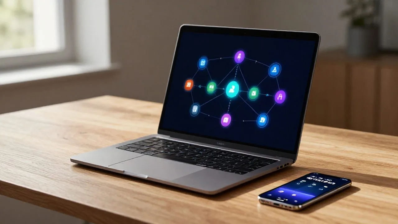 Portátil con un diagrama de flujo digital junto a un smartphone sincronizado sobre un escritorio de madera.