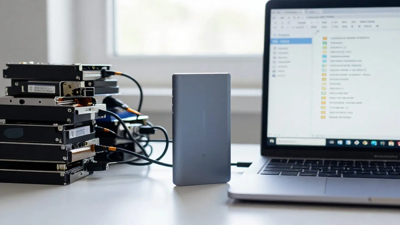 Un disco duro externo SSD brillante sobre un escritorio organizado junto a un portátil.