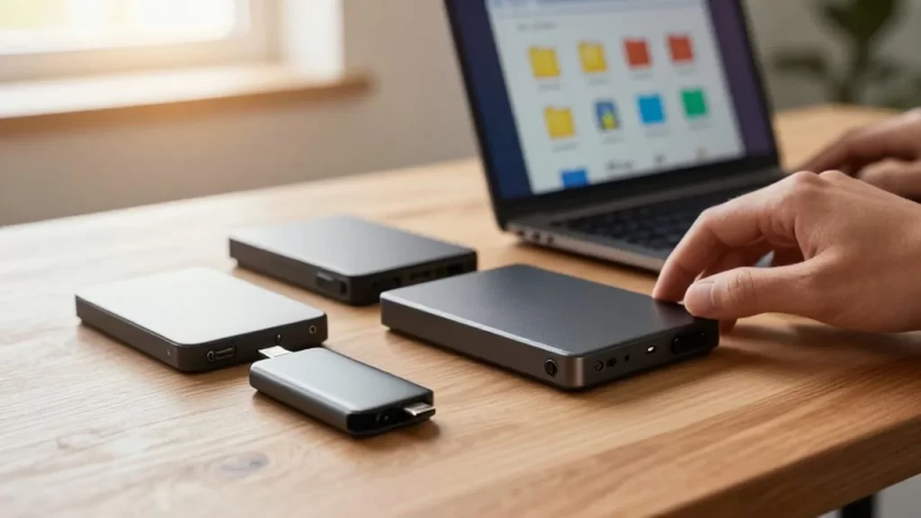 Manos organizando discos duros externos y un pendrive sobre un escritorio de madera iluminado por el sol.