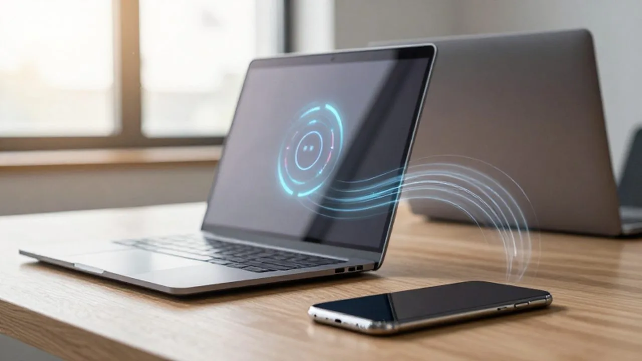 Laptop y smartphone sobre un escritorio de madera con iconos de sincronización digital entre ellos.