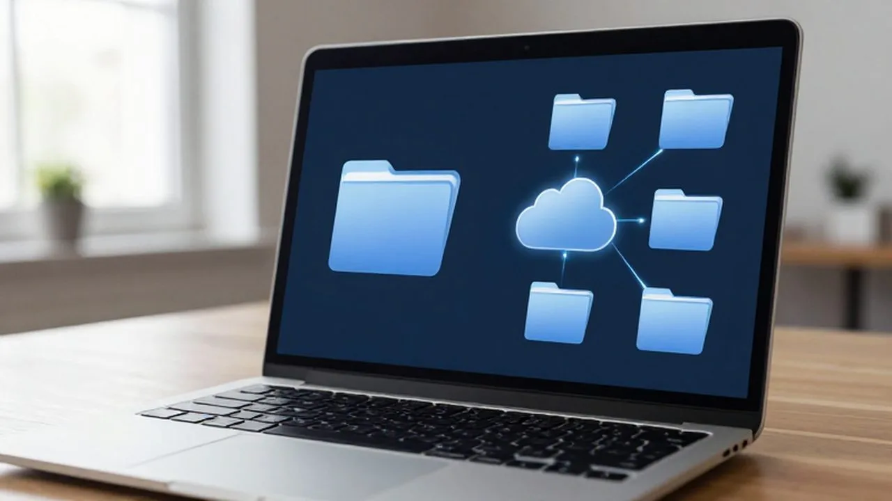 Pantalla de portátil mostrando la comparación entre un archivo aislado y su sincronización en la nube.