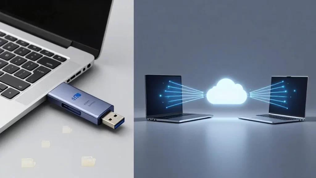 Comparativa entre la copia de archivos mediante un USB y la sincronización de datos en la nube.