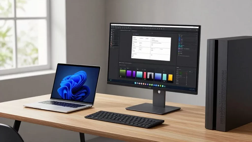 Un ordenador portátil plateado y un ordenador de sobremesa con monitor grande sobre un escritorio de madera.