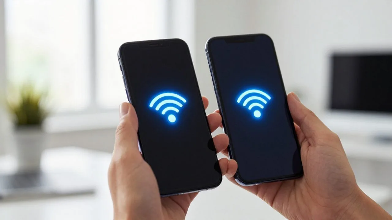 Persona sosteniendo un smartphone con iconos comparativos de conexión Wi-Fi y datos móviles.