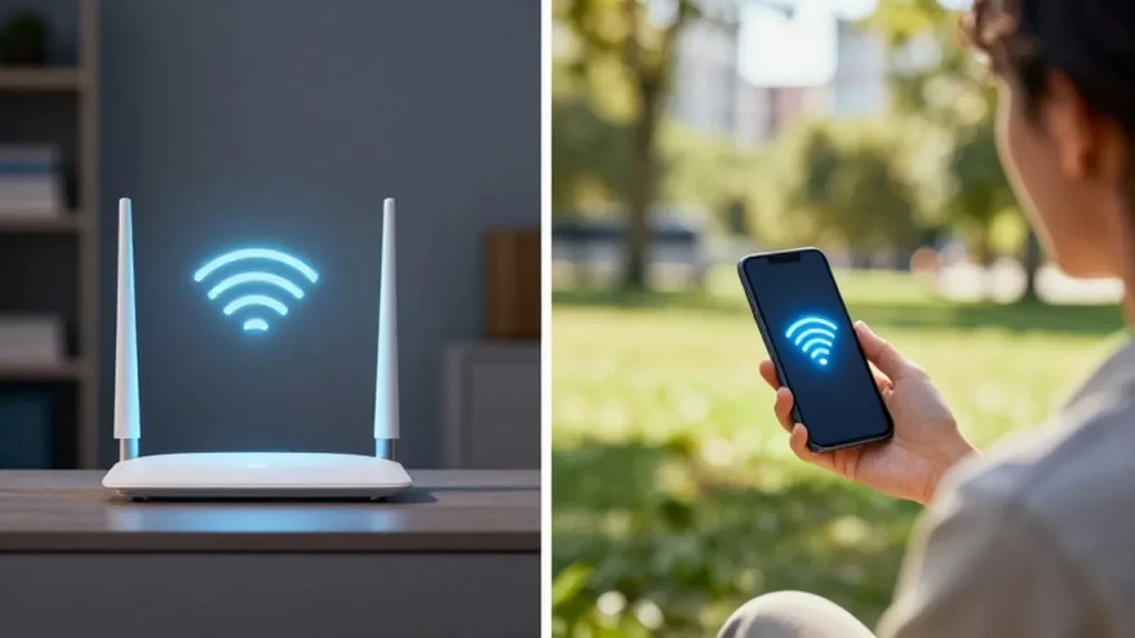 División de pantalla entre un hogar con un router Wi-Fi y una persona usando datos móviles en un parque.