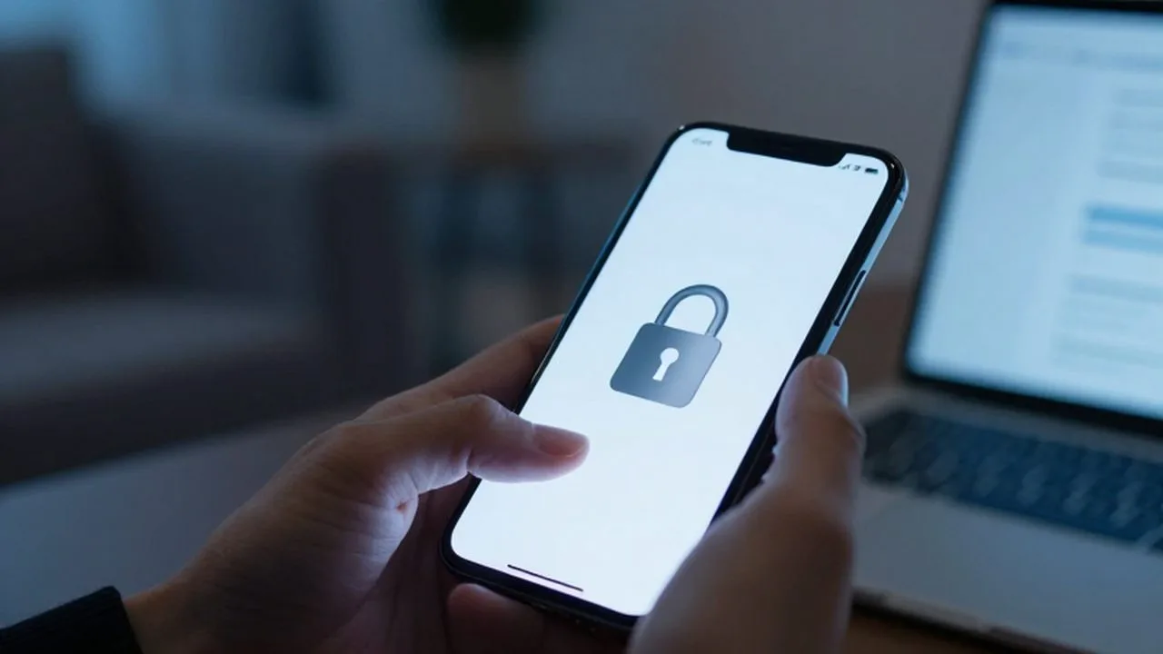 Manos sosteniendo un smartphone que muestra un icono de candado en una aplicación de mensajería.