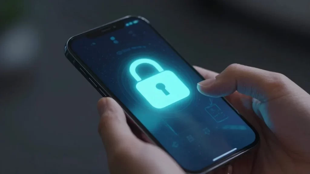 Manos sosteniendo un smartphone con un icono de candado digital brillante sobre la pantalla.