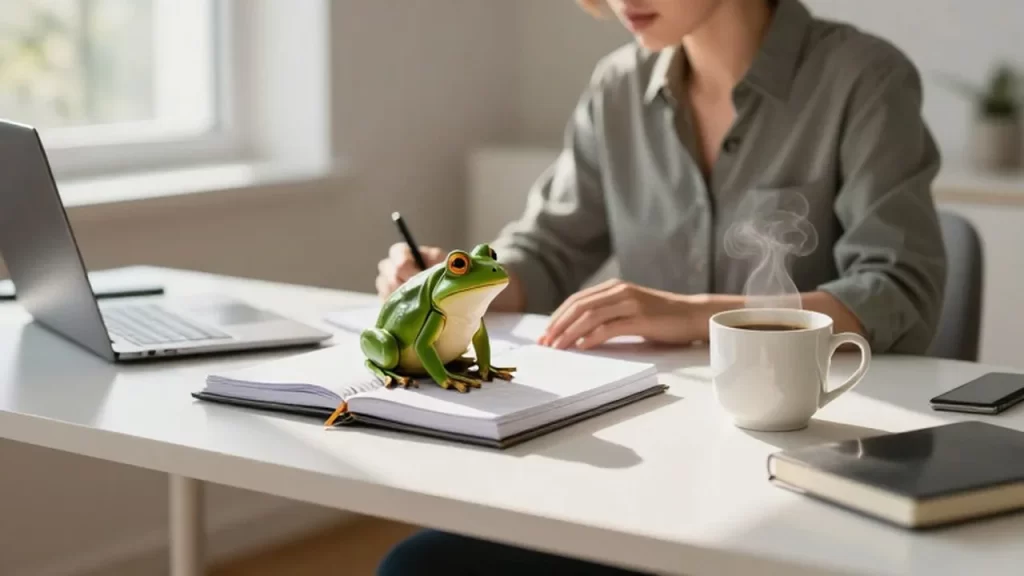 Persona trabajando en un escritorio minimalista con una rana verde sobre una agenda.