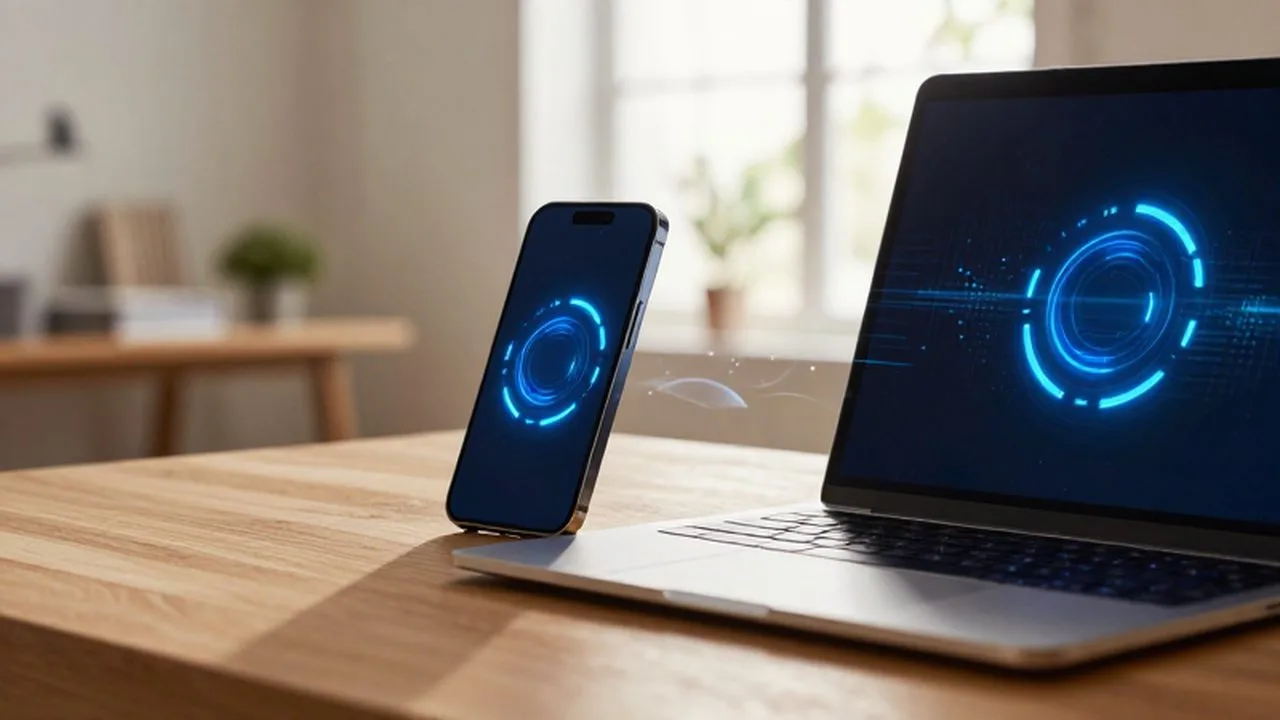 Smartphone y portátil sincronizando datos digitales sobre un escritorio de madera en una oficina luminosa.