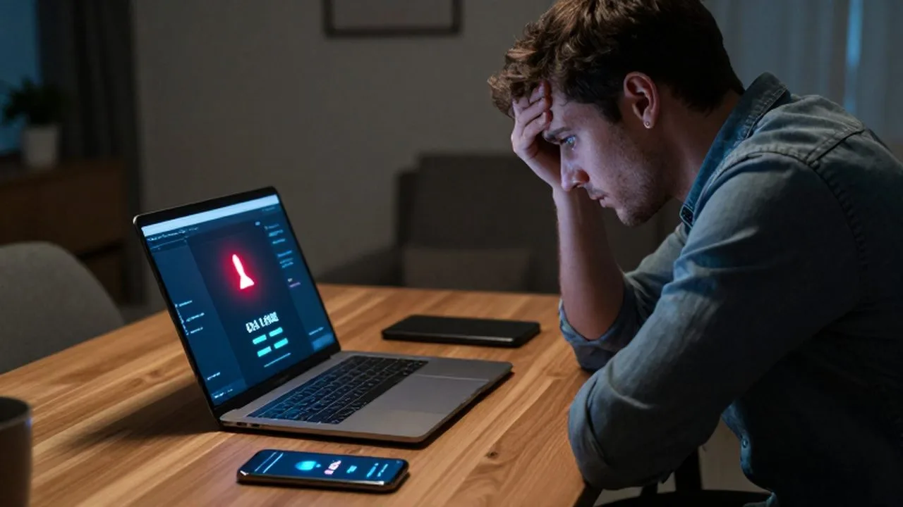 Persona preocupada frente a una laptop con errores y un aviso de eliminación en su celular.