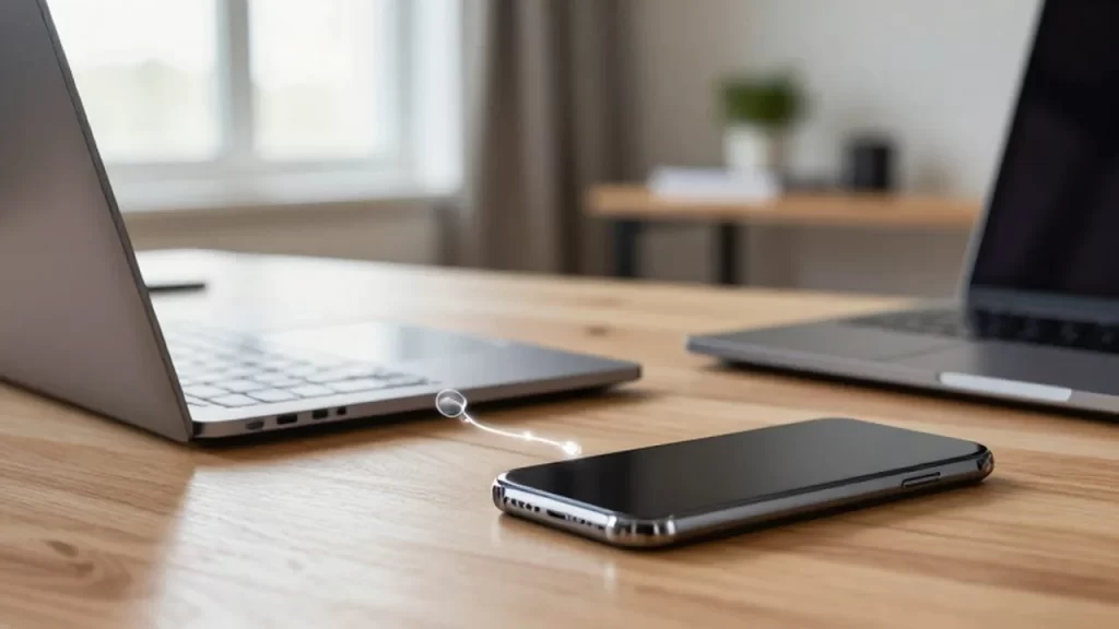 Portátil y smartphone sobre un escritorio de madera con un flujo de luz digital entre ambos.
