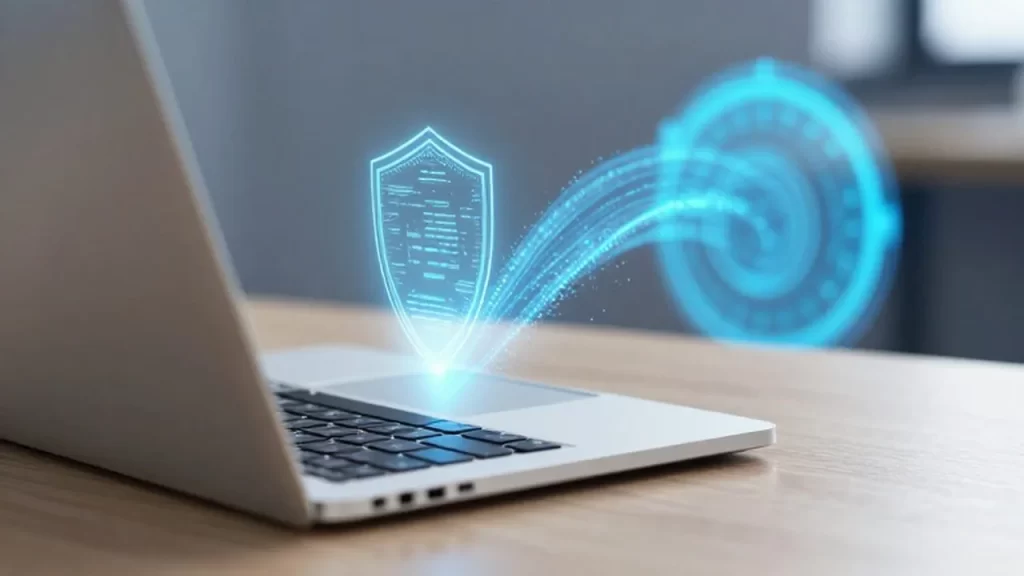 Portátil sobre un escritorio minimalista con un icono de escudo digital brillante y partículas de luz azul.