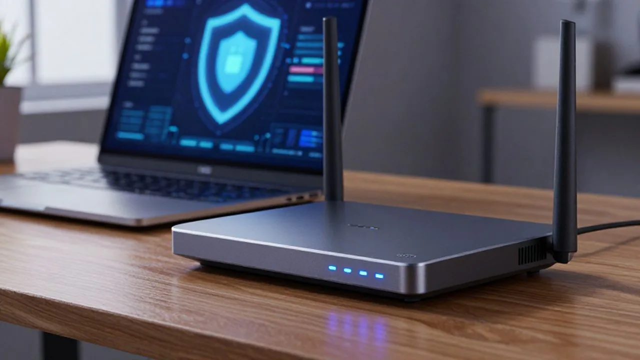 Router moderno con luces LED azules sobre un escritorio de madera junto a un portátil.