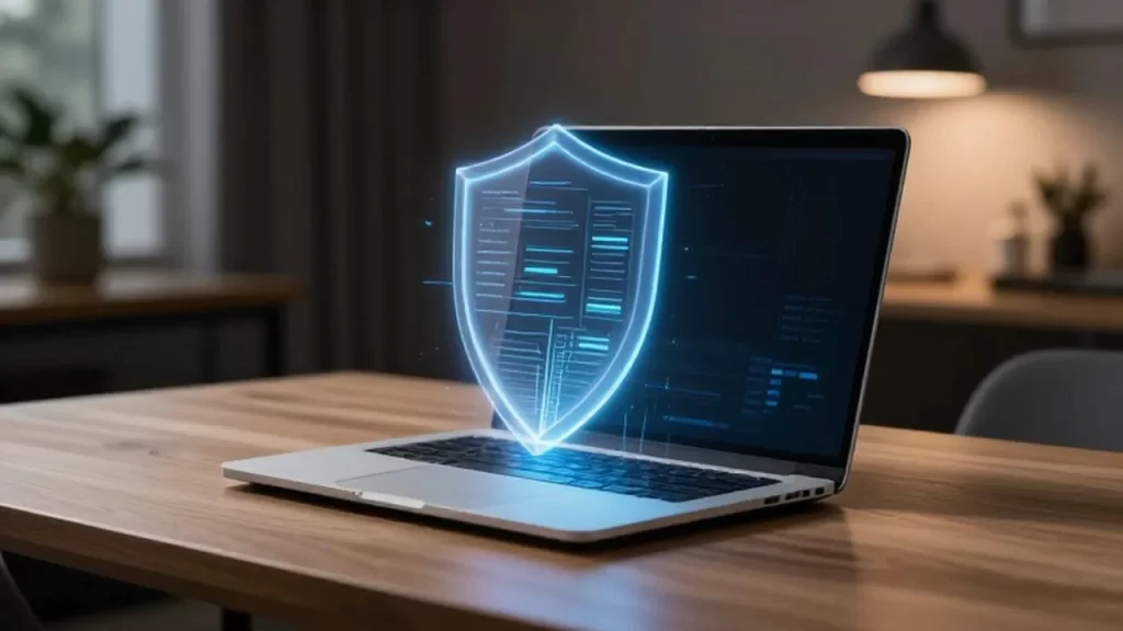 Laptop moderna sobre un escritorio de madera con un escudo digital brillante de seguridad.