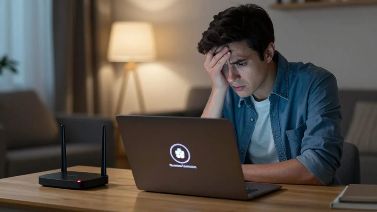 Persona frustrada frente a un ordenador con un error de conexión y un router con luz roja.