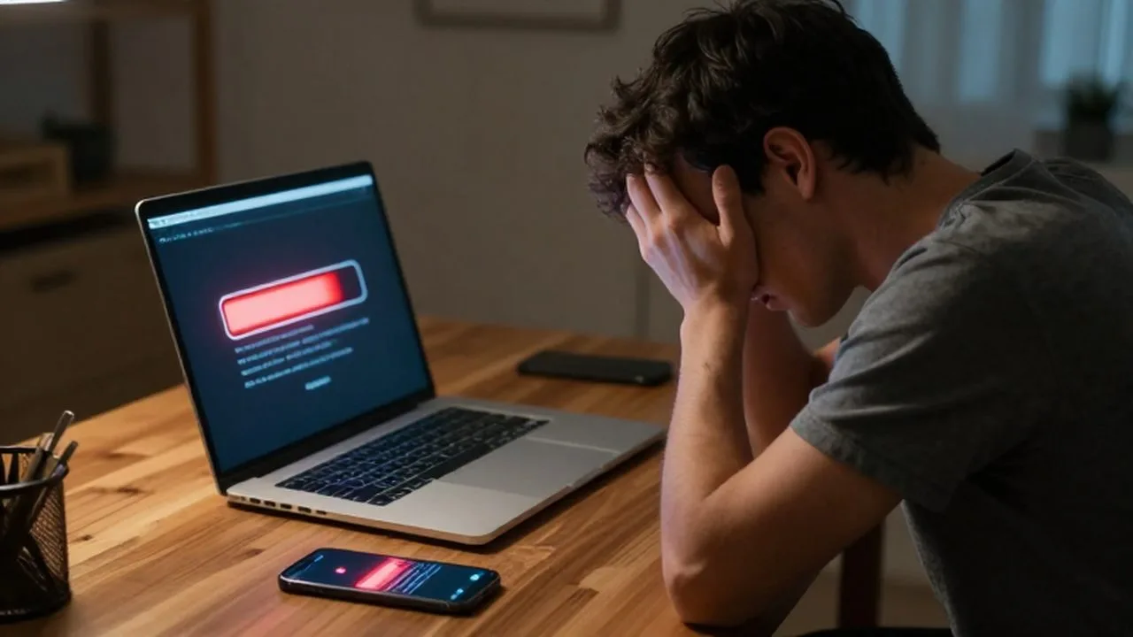 Persona frustrada frente a una computadora y un celular con mensajes de error.