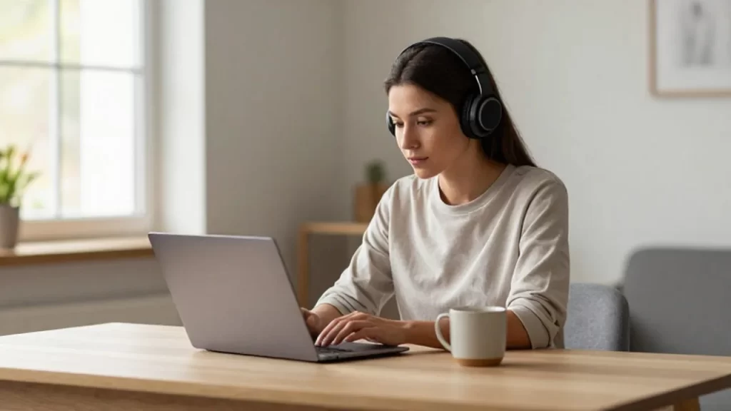 Joven profesional con auriculares trabajando concentrado frente a su portátil en una oficina luminosa.
