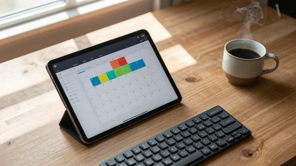Escritorio de madera con un calendario en una tableta