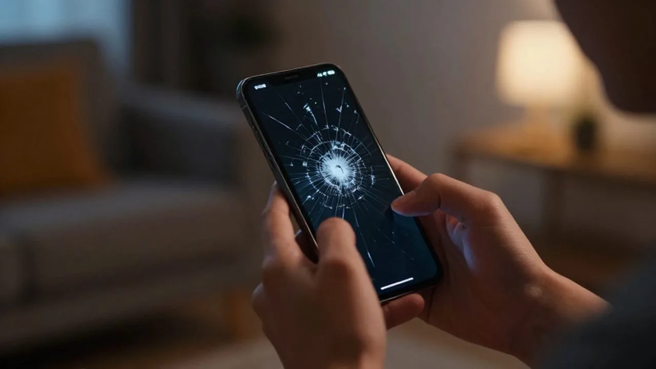 Manos sosteniendo un smartphone con la pantalla rota en una habitación con luz tenue.