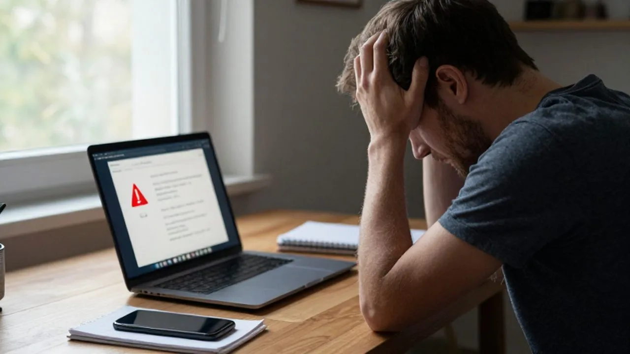 Persona frustrada frente a una computadora con un mensaje de error de compatibilidad en su oficina.