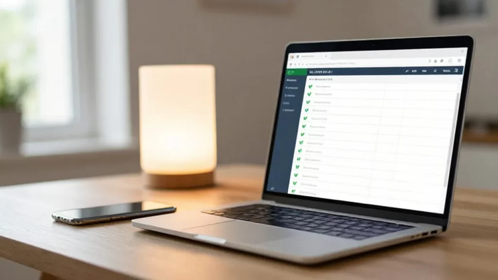 Laptop con una lista de tareas completadas junto a un smartphone sobre un escritorio de madera.