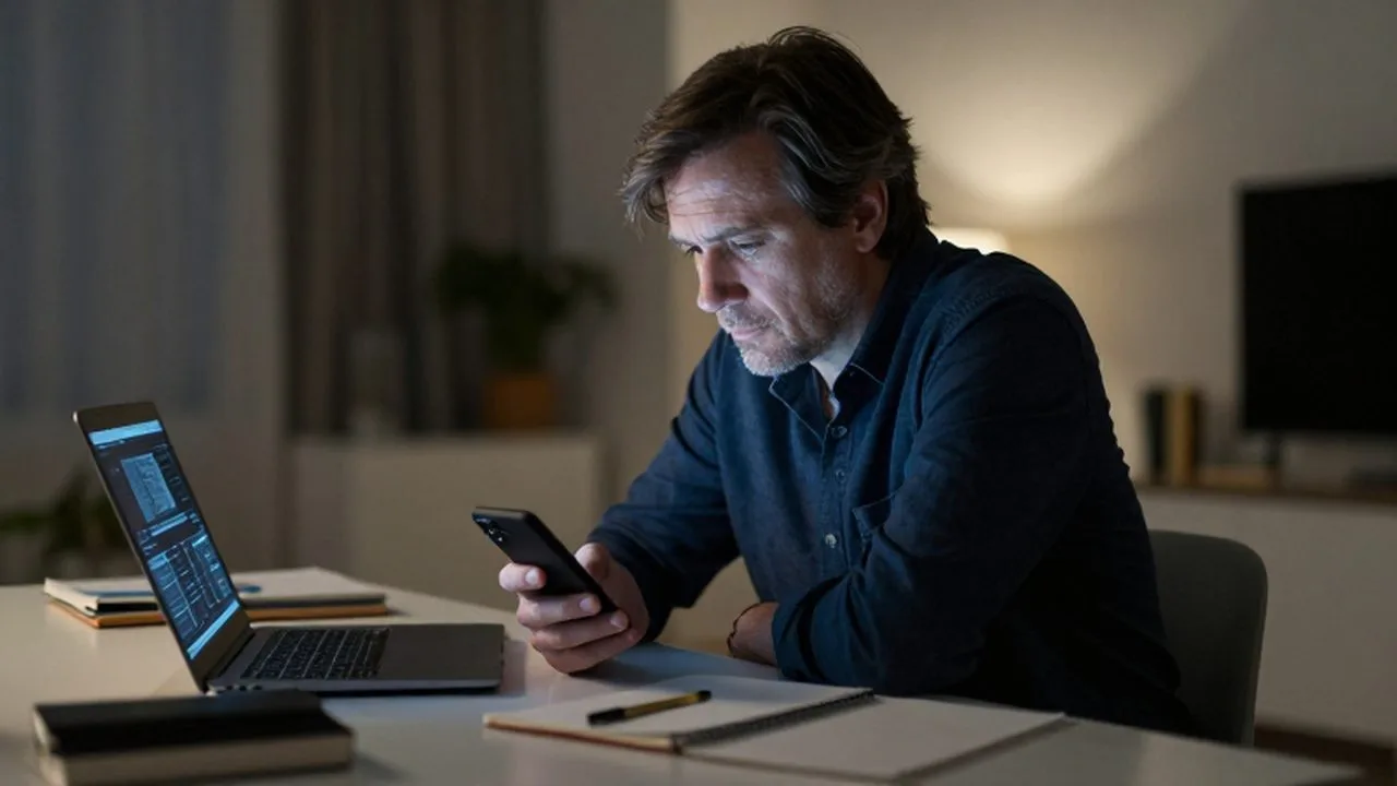 Persona pensativa frente a un smartphone en un escritorio con un portátil encendido.
