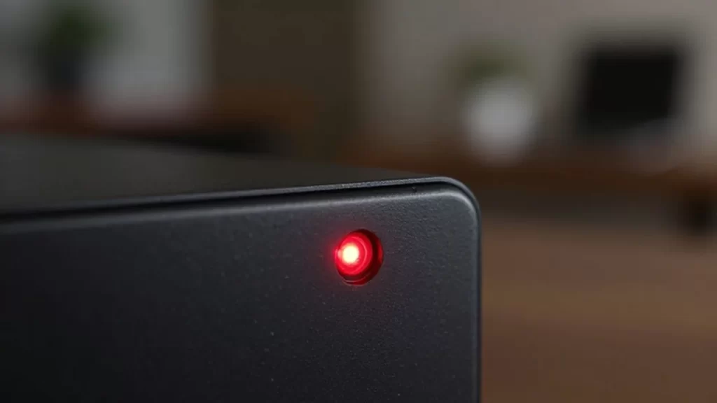 Luz roja de error encendida en el panel de un dispositivo electrónico en una oficina.