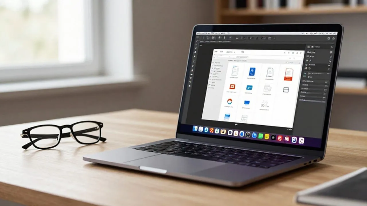 Laptop moderna con iconos de documentos PDF sobre un escritorio de madera con unas gafas.