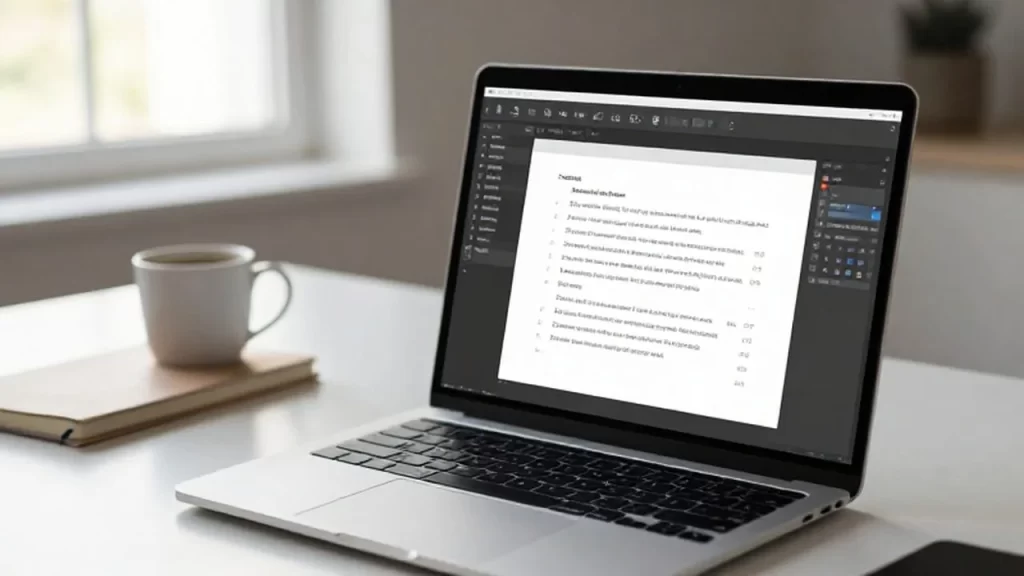 Laptop abierta mostrando un editor de PDF en un escritorio minimalista junto a un café.