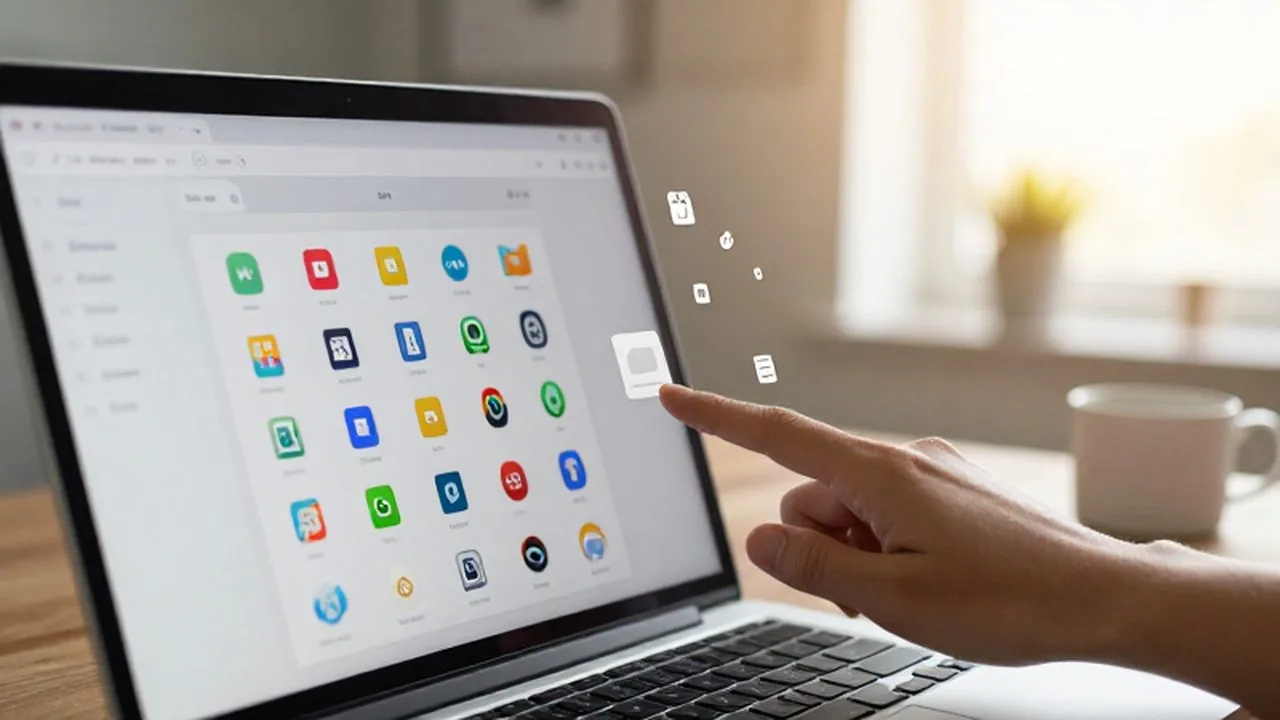 Mano seleccionando extensiones de navegador en una laptop sobre un escritorio luminoso y organizado.