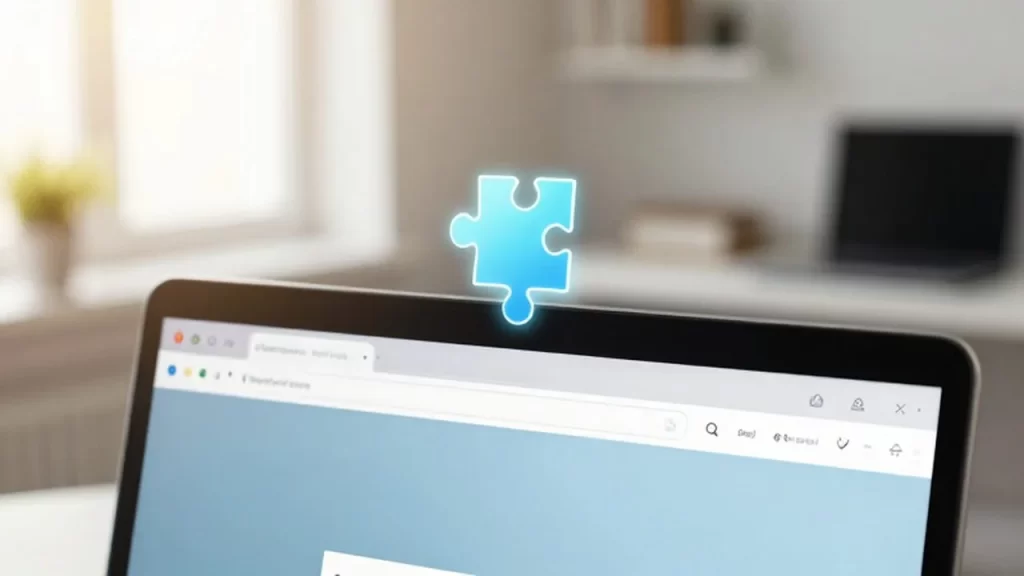 Icono digital de una pieza de rompecabezas flotando sobre la pantalla de un portátil en una oficina iluminada.