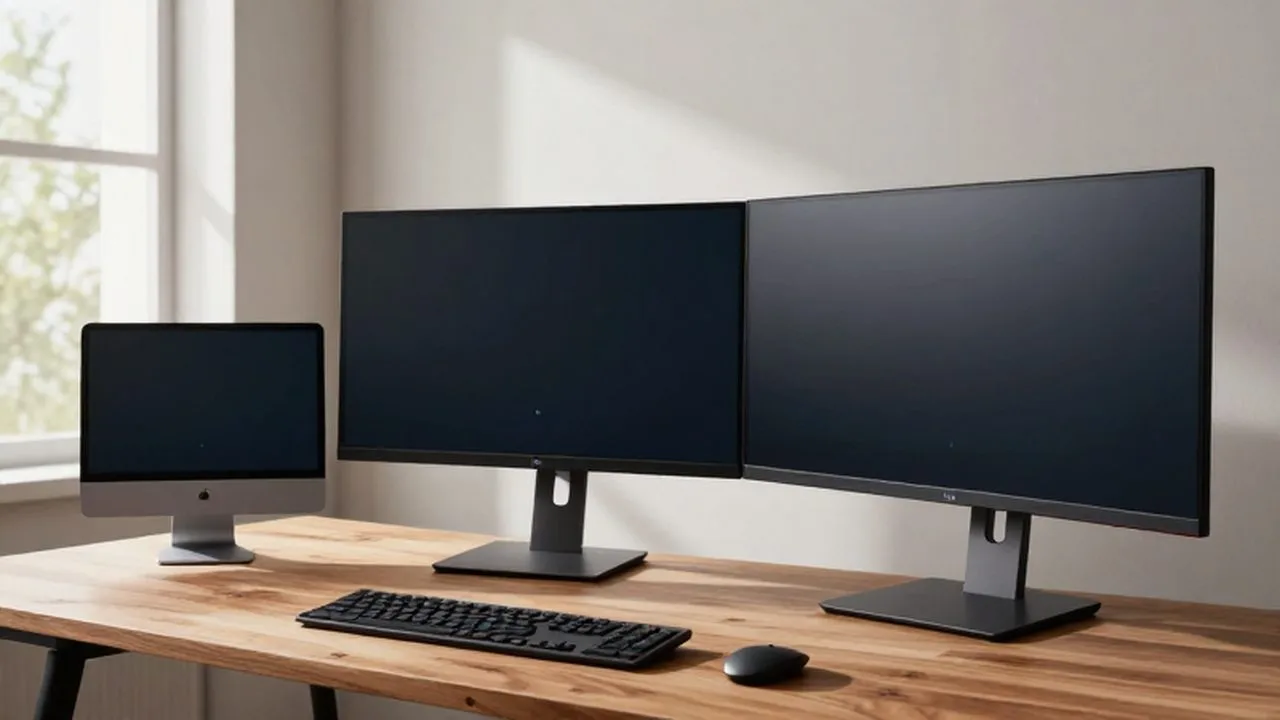 Escritorio de madera con tres monitores de distintos tamaños y un teclado inalámbrico bajo luz natural.